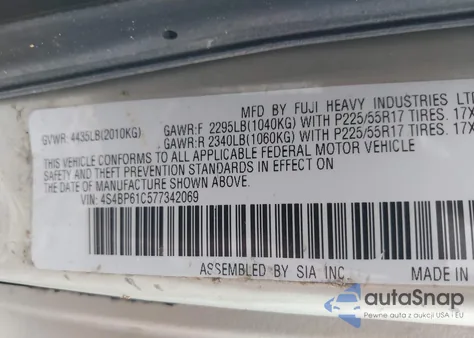 2007 Subaru Outback Outback 2.5I z USA, uszkodzony, nr VIN 4S4BP61C577342069